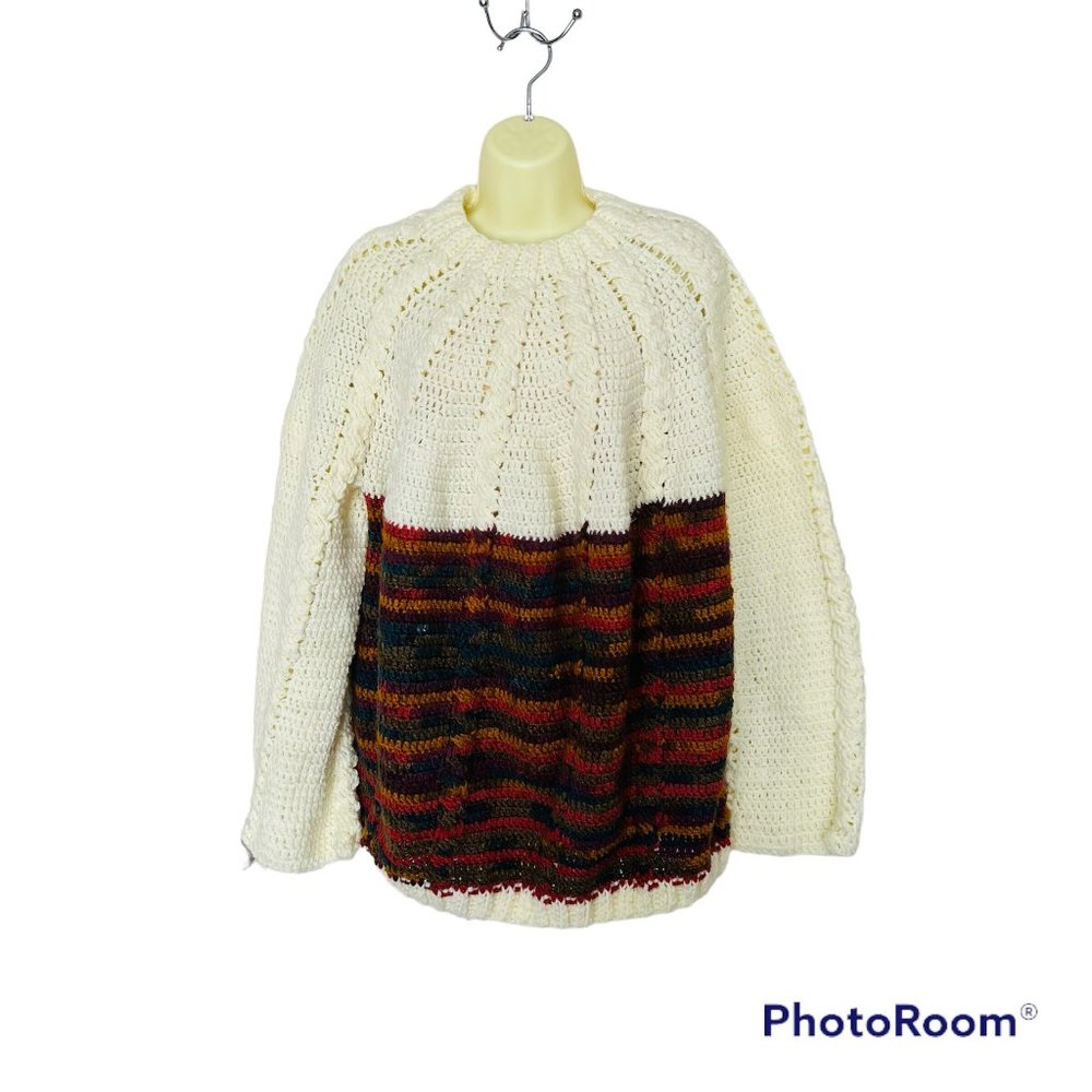 Chunky Hand Knit Cream Wool Cable Knit Icelandic Fisherman Women's Sweater. 2X